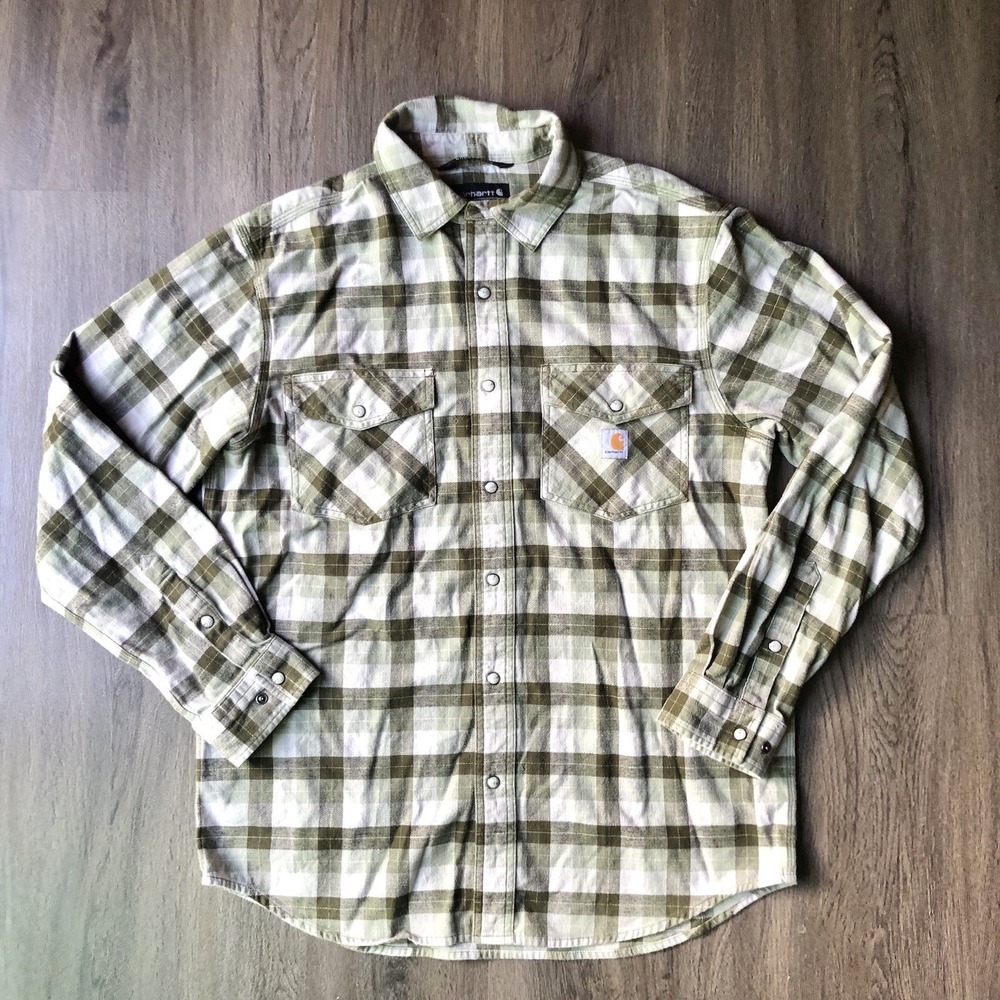 Carhartt Rugged Flex Pearl Snap Shirt Men's M Green Plaid Relaxed Fit Workwear